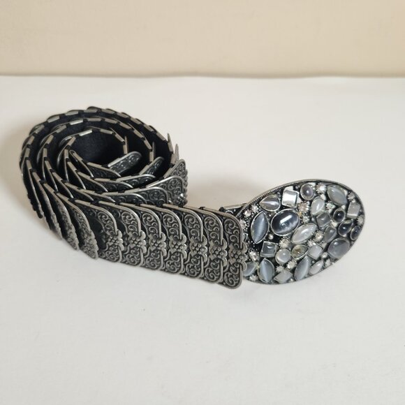 Gunmetal Stretch Belt Womens S/M Western Cowgirl Stone Rhinestones Metal Buckle - Picture 1 of 15
